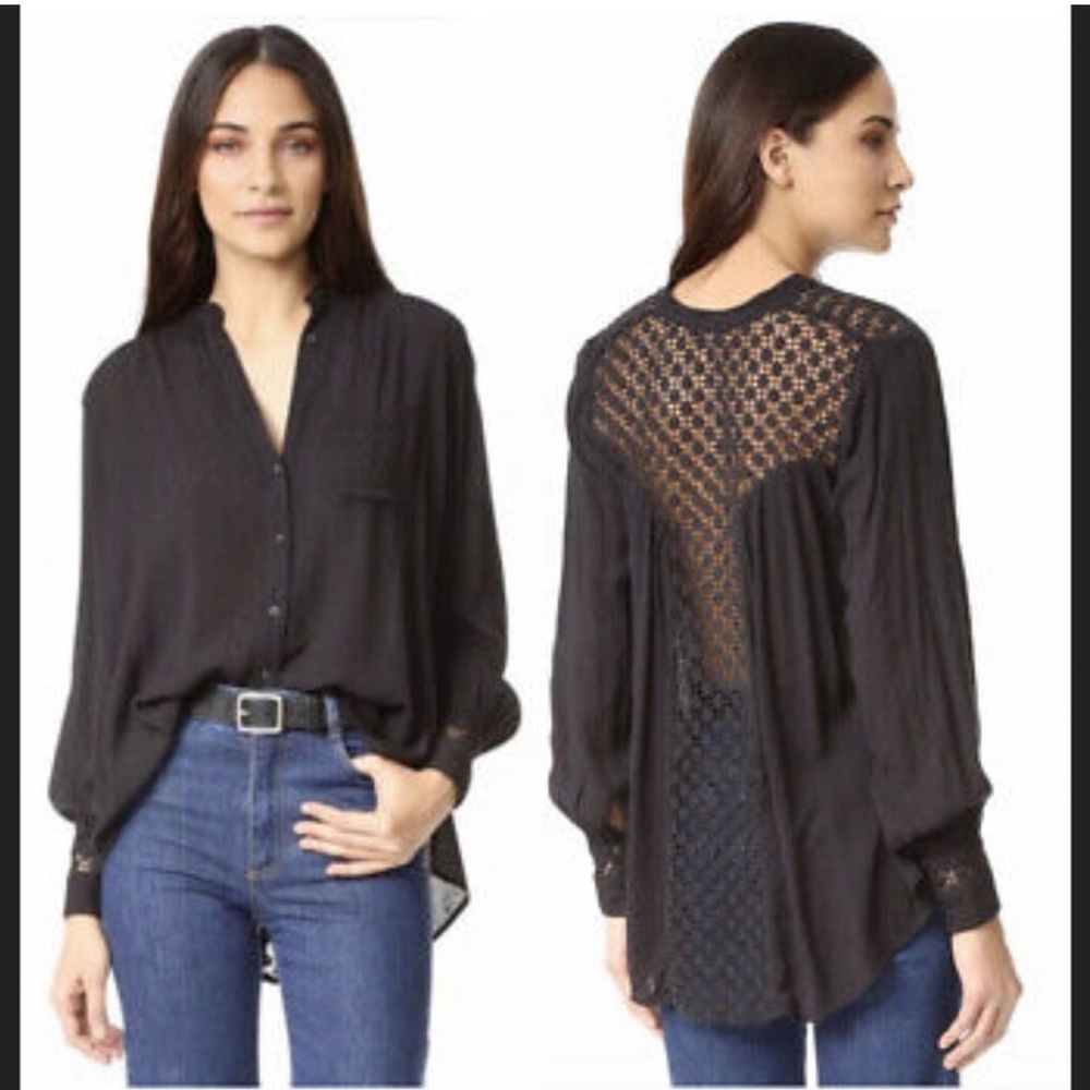 Free People Black Elegant Lace Back Button Blouse Size XS